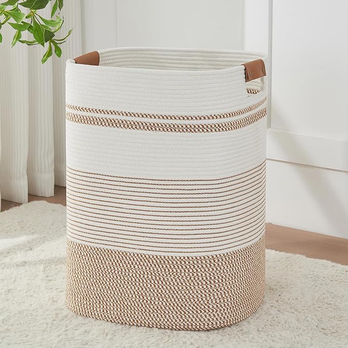 Laundry Basket with Handles - Blanket Basket & Hampers for Bedroom Aesthetic, Laundry Hamper & Blanket Storage for Living Room, Clothes Hamper, Tall, Large 17" x 14" x 22”, Brown & White