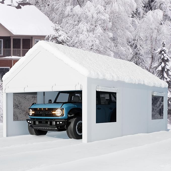 Nuturelly 12x20 FT Carport, Heavy Duty Carport Canopy with Roll-up Windows, Portable Garage with Removable Sidewalls & Doors, Car Canopy with All-Season PE Tarp for Car, Truck, Boat(White)