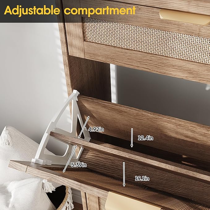 Shoe Cabinet with 4 Flip Drawers & 2 Drawers,Farmhouse Shoe Storage Cabinet for Entryway,Slim Freestanding Organizer Rack for Front Door Entrance,Rustic Oak Rattan