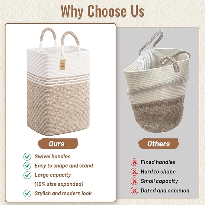 Laundry Basket Hamper,Blanket Storage,Dirty Clothes Hamper with Swivel Handles,Woven Cotton Rope Toy Baskets,Blanket Basket Living Room,Decorative Hampers for Nursery,Bedroom,White & Linen,80L