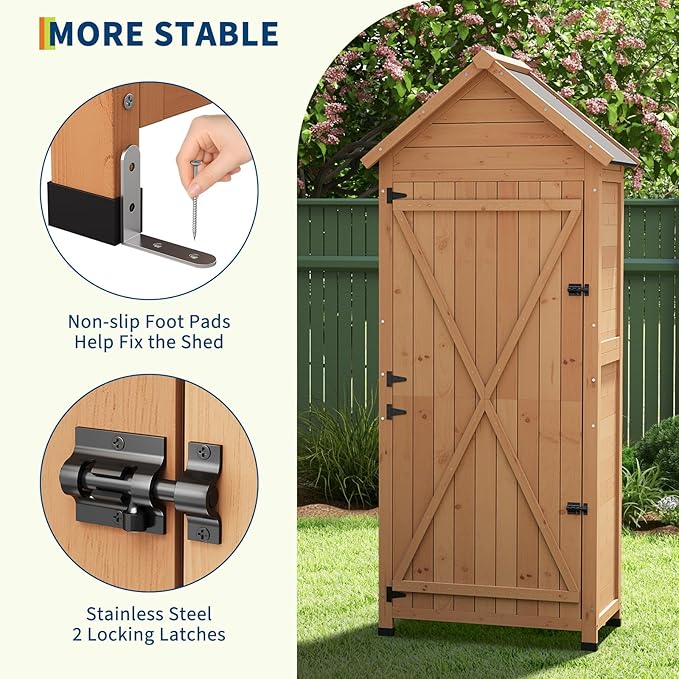GarveeLife Outdoor Wooden Storage Shed Waterproof, 63 in Vertical Outdoor Storage Cabinet with 4 Shelves & Lockable Door, Space-Saving Garden Tool Shed for Patio, Yard, Lawn