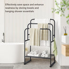 ELYKEN 40'' Tall Standing Towel Racks, 3 Tier Towel Drying Rack Outdoor, Pool Towel Stand Blanket Holder with Shelf & 4 Removable Hooks, Metal Freestanding Towel Racks for Bathroom, Matte Black