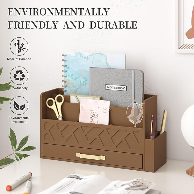 Bamboo Desktop Organizer with Drawer,Bill & Mail Organizer for Office Desk, Wall Mounted and Countertop Mail Sorter,Workspace Storage Accessories Organizer for File Letter （Brown）
