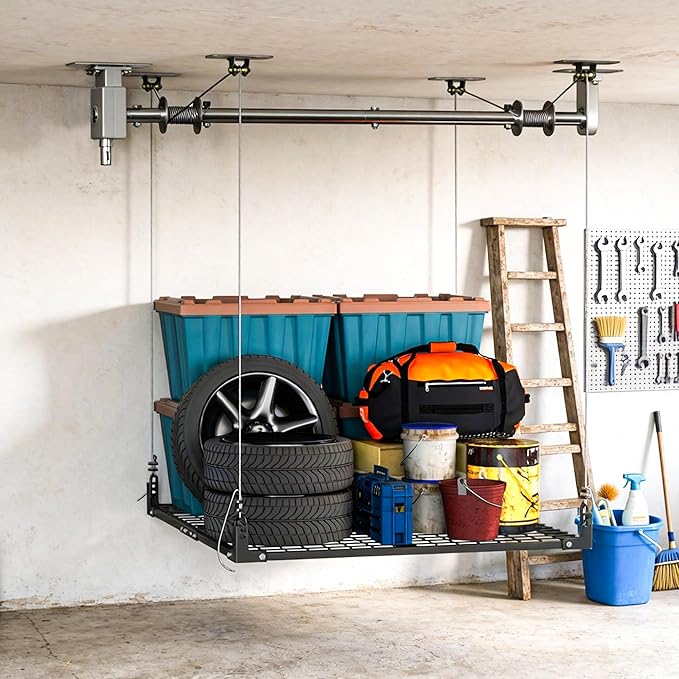 Overhead Garage Storage Rack,4x4FT Ceiling Storage Racks with Secure Lock,Garage Storage Lift System for Easy Up Down,Industrial Elevator Lift Holds 400 Lbs