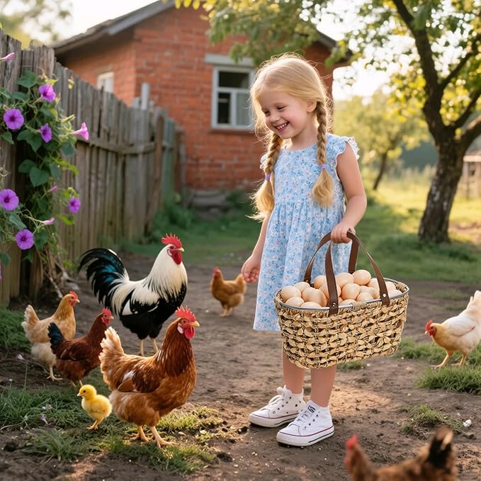 Goaste Egg Collecting Basket with Handle, 13 Inch Chicken Egg Storage Baskets, Handwoven Eggs Container for Gathering Fresh Eggs, Vintage Countertop Fruit Holder for Easter, Harvest, Kitchen
