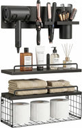 Wall Mounted Bathroom Organizer Shelves Over Toilet, 3-Tier Rustic Wooden Floating Shelf with Metal Basket and Hair Care Styling Tool Holder for Toilet Paper, Towels & Toiletries, Bathroom Decor