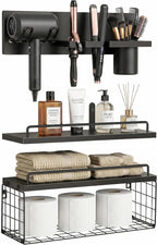 Wall Mounted Bathroom Organizer Shelves Over Toilet, 3-Tier Rustic Wooden Floating Shelf with Metal Basket and Hair Care Styling Tool Holder for Toilet Paper, Towels & Toiletries, Bathroom Decor