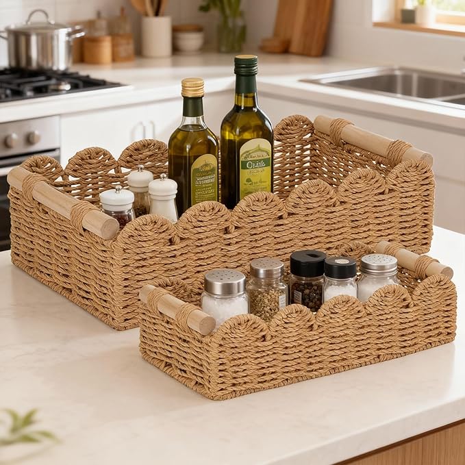 Set of 2 Paper Rope Scalloped Edge Decor Baskets, Small Storage Basket and Toilet Paper Basket for Toilet Paper Storage, Bathroom, Living room, Bedroom & More, 2 Wooden Handles, Neutral