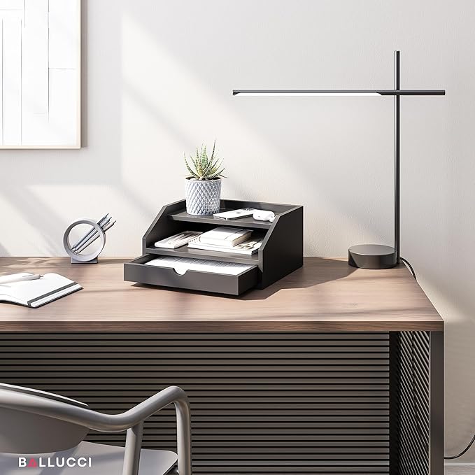 Ballucci Desk Organizer with Drawer, 2 Tier Paper Office Supplies Desk Organizer, 13 2/5" x 9 3/5" x 6", Black