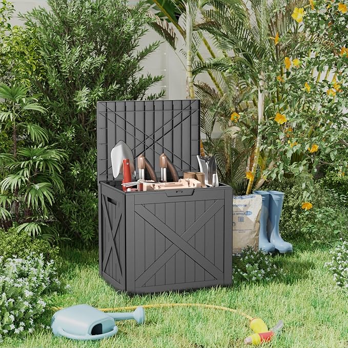 38 Gallon Outdoor Deck Box, Lockable Waterproof Outdoor Storage Boxes For Garden Tools,Indoor Cushions,Accessories Outside Storage Resin Weatherproof Container(Black)