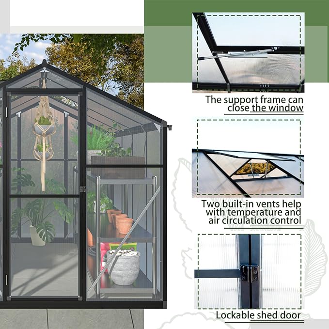 Polycarbonate Greenhouse for Outdoors, Large Walk-in Aluminum Frame Greenhouse with Lockable Door, Adjustable Roof Vent, UV Protection, Weather-Resistant for Garden Backyard (Black,6x8 FT)