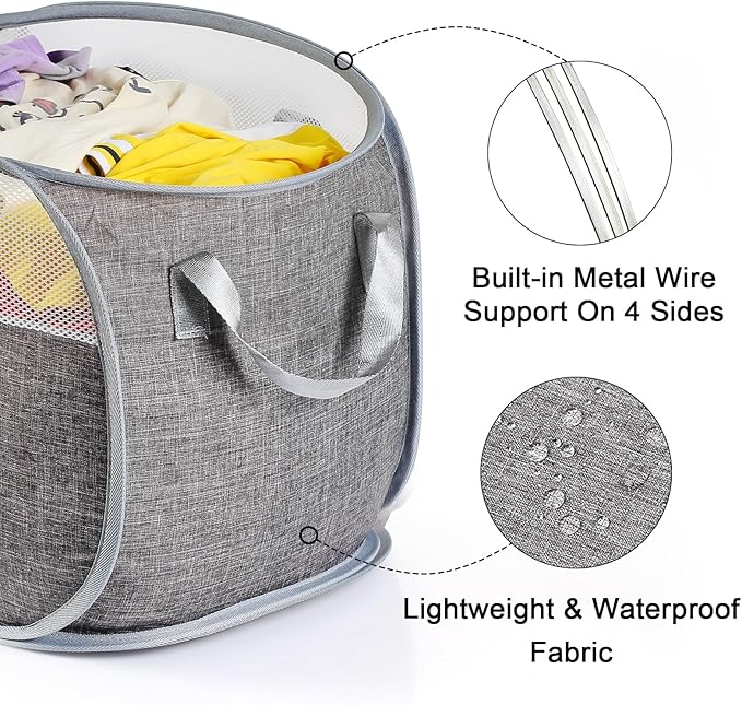 Collapsible Laundry Baskets, Pop Up Laundry Baskets with Reinforced Handles, Lightweight Foldable Laundry Basket for LaundryRoom,Bathroom or Travel (Gray)