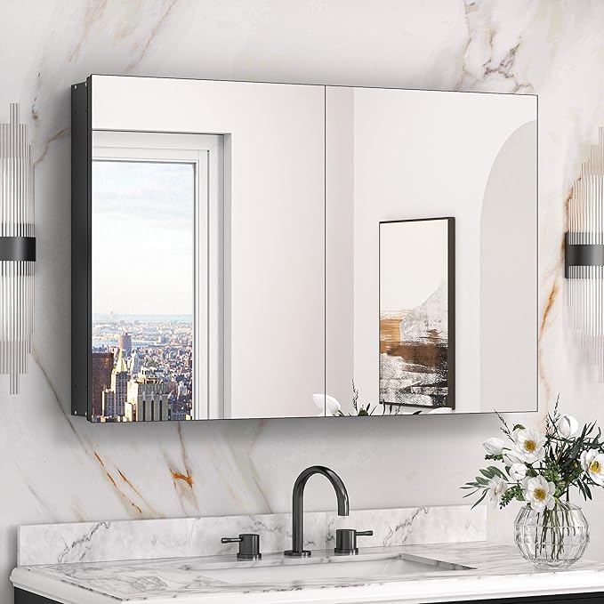Keonjinn 36 x 24 Inch Black Medicine Cabinet, Bathroom Medicine Cabinet with Mirror, Lightweight Aluminum Structure, Assembly Required, in Wall or Wall Mount, Free Adjustable Shelves, Tempered Glass