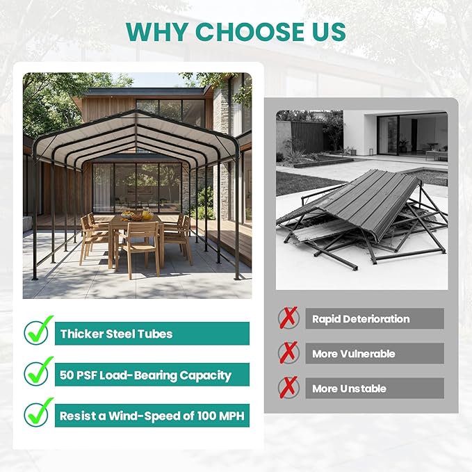 SUNBURY 10 x 20 ft Heavy Duty Metal Carport for Vehicle Storage, Canopy with Galvanized Steel Roof, Outdoor Steel Car Shelter with Metal Frame, for Cars, Boats, Pickups and Tractors, Gray