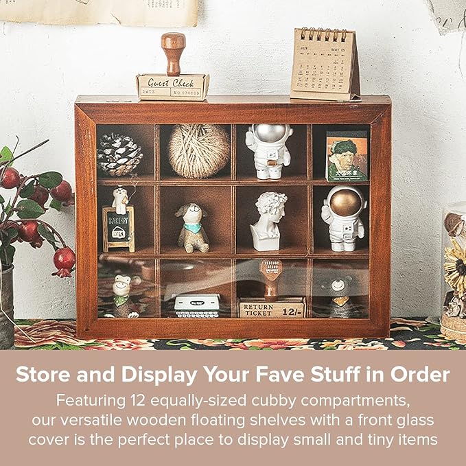 Mini Clear Display Wood Cabinet with 12 Slots - 10" x 15.5" Collectibles Display Case - Wooden Floating Shelves for Display & Home Decor - Vintage Style Wood Cubby Shelf with Front Clear Cover