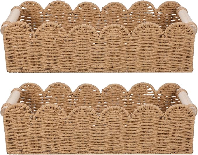 2pcs Scalloped Decor Basket,Toilet Paper Storage Basket with Handles,Toilet Basket for Organizing Over Toilet Storage Shelf Countertop Living Room Bedroom Home Decor