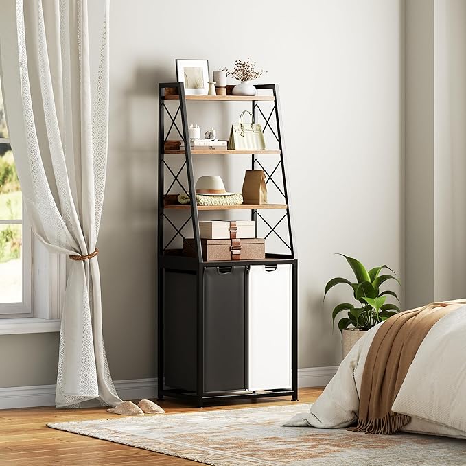 Laundry Basket, 2 Section Laundry Hamper with 4 Tiers Shelf, Pull-Out and Removable Laundry Bags, Large 2 x 15.87 Gallons, for Bedroom Bathroom Rustic Brown PF11XLN
