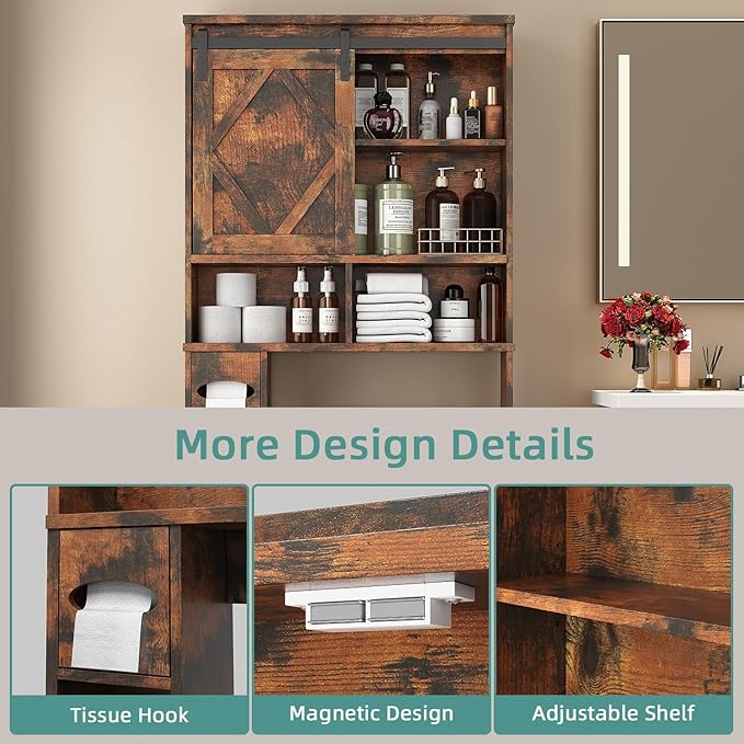 Over the Toilet Storage Cabinet with Farmhouse Sliding Barn Door, Above Toilet Organizer with Toilet Paper Holder Stand, Behind Toilet Shelf, Space Saver for Restroom, Bathroom, Laundry, Brown
