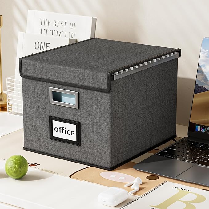 Huolewa File Organizer Boxes with Lids, Linen Office Document Storage Boxes, Filing Boxes, Decorative Small File Boxes for Hanging Files with Plastic Slide for Office/Cabinet/Decor/Home
