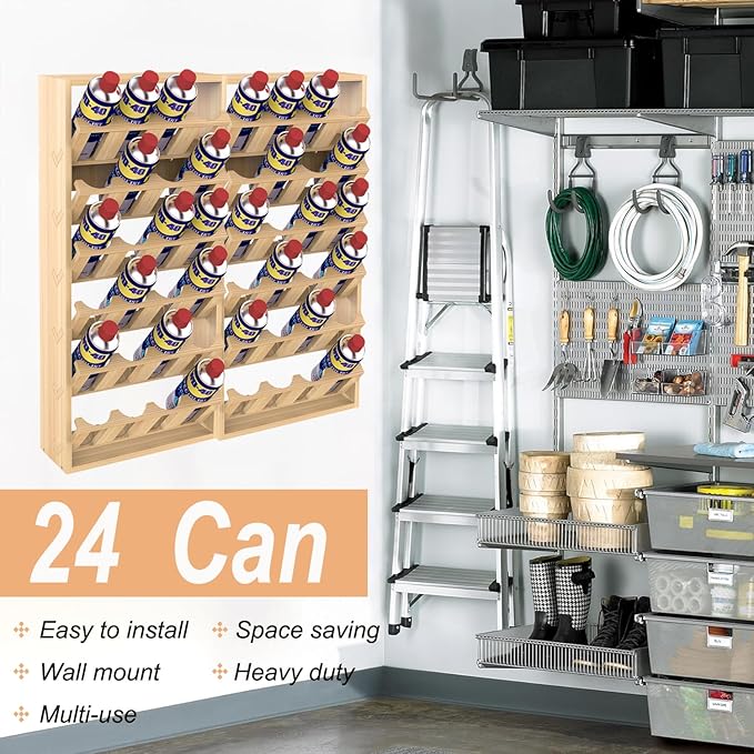Nisorpa 24 Can Spray Paint or Lube Can Holder Aerosol Can Rack 6-Tier Wooden Spray Paint Can Storage Rack Wall Mount Aerosol Spray Can Organizer for Garage and Craft Workroom- 14.2" L x 5" W x 30" H