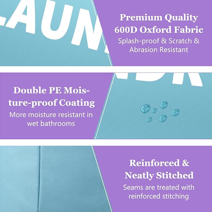 95L Foldable Blue Laundry Basket with Handles, Big Clothes Hamper for Bedroom, Dirty Clothes Basket Stand Upright, Portable Laundry Bag for Dorm, Nursery, Family, Blue