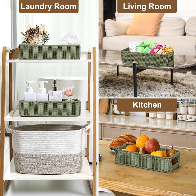 Small Resin Wicker Basket: Waterproof Sage Green Vanity Organizer 2-Pack for Modern Minimalist Decor