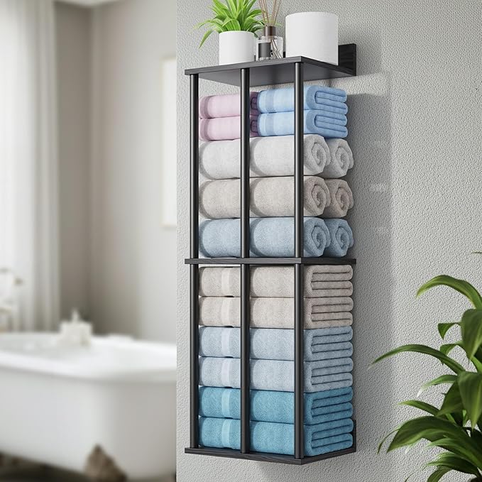 Bathroom Towel Storage, Black Bathroom Towel Holder, Wall Mounted Towels Racks Shelf Towels Organizer for Rolled Towels, 34inch Modern Storage Rack Organizer for RV