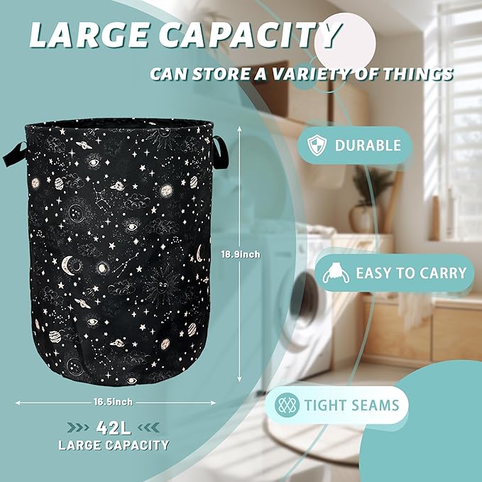 Moon and Stars Laundry Basket Foldable With Handles Colorful Tote Bag Oxford Cloth Funny Galaxy Laundry Hamper Clothes Storage Bucket Toy Organizer 18.9"x16.5" For Bathroom/Laundry/Bedroom
