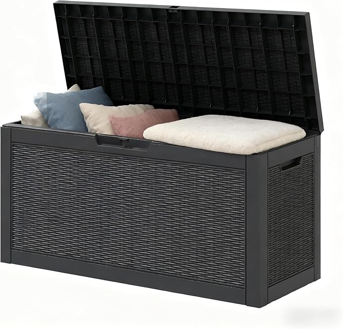 72 Gallon Outdoor Storage Box, Resin Deck Boxes Outdoor Waterproof For Patio Furniture, Garden Tools, Pool Supplies, Lockable And UV Resistant (Rattan Black)