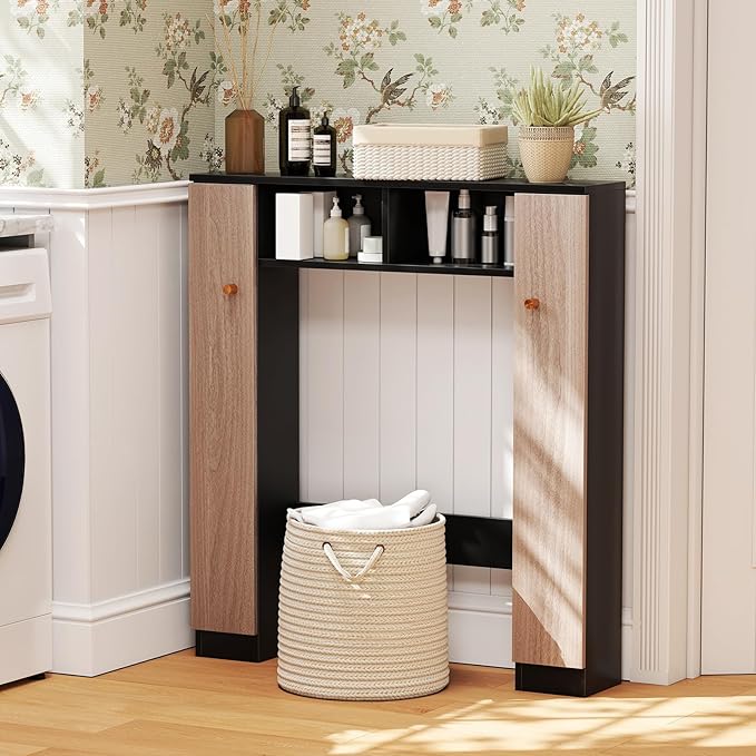 Tangkula Over The Toilet Storage Cabinet, Freestanding Above Toilet Organizer w/ 10-Level Adjustable Shelves & Crossbar, Anti-Tipping Device Included, Bathroom Space Saver (Modern, Black)