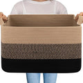 OIAHOMY Large Blanket Basket, 65L Cotton Rope Woven Laundry Basket, Toy Bin for Baby Room, Container for Blanket Storage in Living Room, 20''×16''×12'', Brown & Black