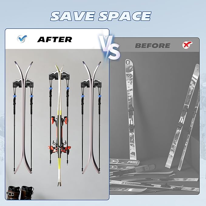 Hikeen Ski Wall Rack for Garage-Ski Wall Mount Storage Rack Fits Any Ski,Garage Organization & Space-Saving Winter Gear - Durable Ski Rack for Wall Display 4Pack