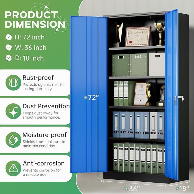 INTERGREAT Metal Storage Cabinet,72" Steel Lockable File Cabinet with Locking Doors and Adjustable Shelves,Locking Tool Cabinets for Office,Home,Garage,Gym,School (Black Blue)