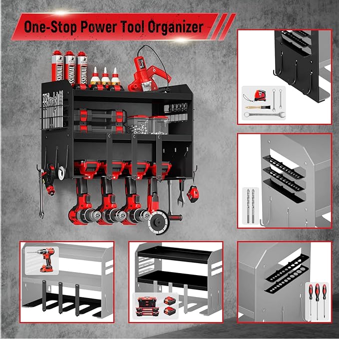 Power Tool Organizer Wall Mount: Heavy Duty Storage Organization Stand Cordless -3 Layers Large Garage Organizer with Drill Holder -Metal Steel Utility Rack Hooks Screwdriver -Gifts for Man
