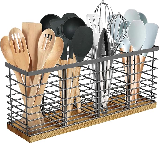 Suli Extra Large Kitchen Utensil Holder with 4 Compartments，Grey Metal holder with Wooden Base for Countertop，Farmhouse Utensil Organizer for counter, Rustic Cooking Storage Caddy for Corner
