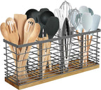 Suli Extra Large Kitchen Utensil Holder with 4 Compartments，Grey Metal holder with Wooden Base for Countertop，Farmhouse Utensil Organizer for counter, Rustic Cooking Storage Caddy for Corner
