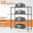 4 Tiers Storage Shelves Load 1400LBS, Metal Shelving Wire Metal Shelving Unit Shelves for Storage Adjustable Garage Shelving for Pantry Kitchen Garage Black 17.7" D x 47.3" W x 62.7" H