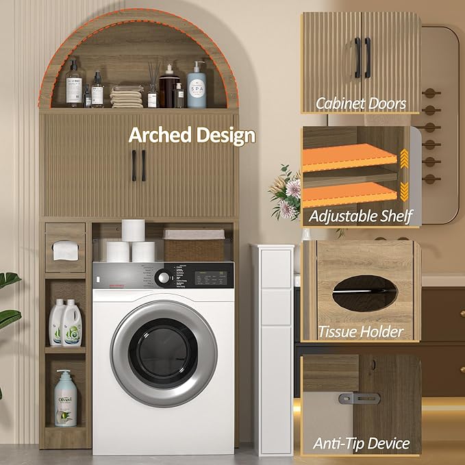 Over The Toilet Storage Cabinet, Bathroom Organizer Over Toilet, Arched Storage Organizer Cabinet with Anti-Tip Device and Adjustable Shelf for Washroom Laundry and Restroom, Natural