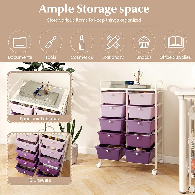 RELAX4LIFE 10-Drawer Rolling Storage Cart - Mobile Craft Art Supply Storage Organizer for Tool Scrapbook Paper Salon, Office School Classroom Teacher Rolling Cart with Drawers, Utility Cart on Wheels