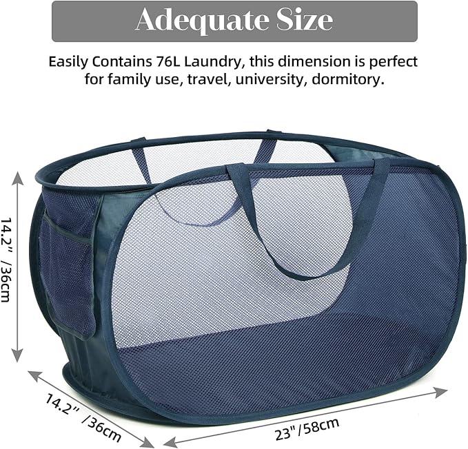 2 Pcs Durable Collapsible Laundry Baskets - Reinforced Mesh Pop Up Laundry Hamper with Pocket, Foldable Dirty Clothes Hamper with Carry Handles for Laundry, Bathroom, Kids Room, Dorm or Travel Navy
