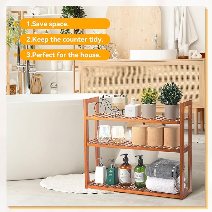 Wood Bathroom Shelf, 3-Tier Adjustable Shoes Rack&Plants Rack, Wall-Mounted or Stand for Living Room (Honey Oak)