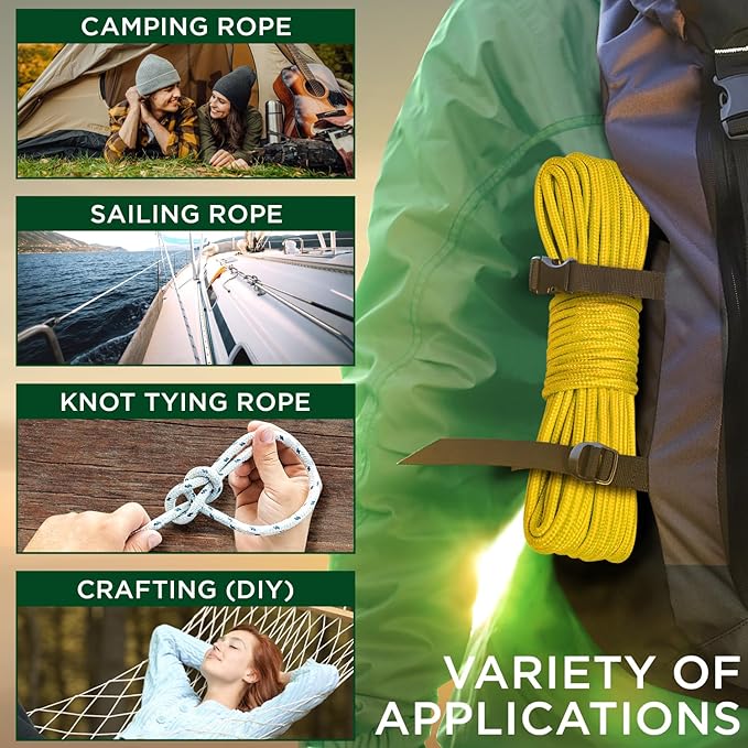 TECEUM Rope – 90 Feet x 1/4 Inch (7mm) – Yellow – Strong All-Purpose Utility Rope – Camping, Crafting, Flag Pole, Indoor & Outdoor – Polypropylene Nylon Poly Lightweight Diamond Braided Cord