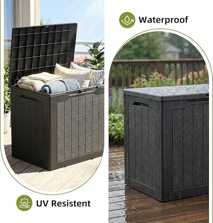 UDPATIO 30 Gallon Deck Box, Outdoor Storage Box Lockable Waterproof Resin, Indoor Outdoor Storage Container for Patio Cushions, Garden Tools, Pool Accessories, Package Delivery Boxes for outside