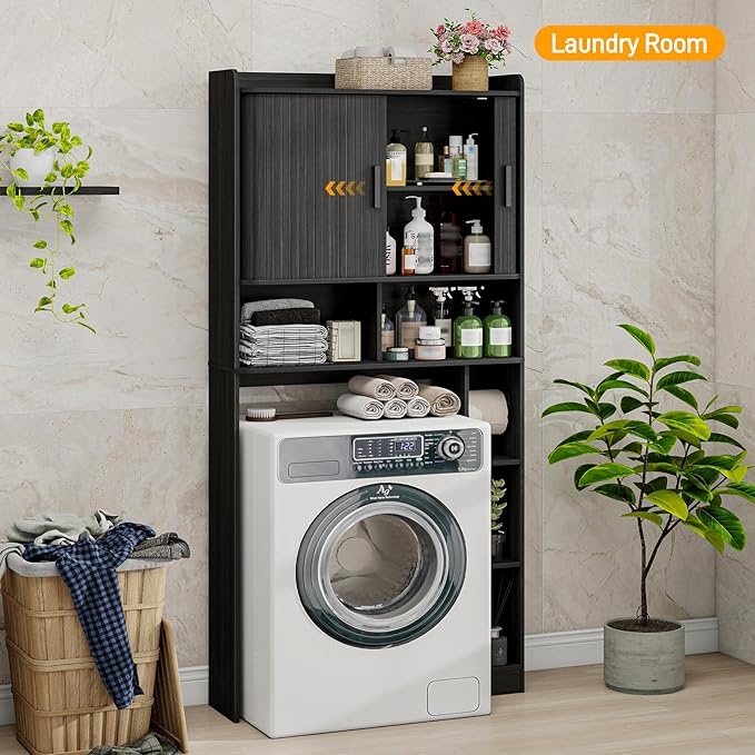 Over The Toilet Storage Cabinet,Farmhouse Toilet Cabinet Rack with 2 Tambour Sliding Doors and Toilet Paper Holder Stand，Toilet Shelf Space Saver with Towel Rack for Bathroom, Restroom,Black Laundry