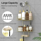 Over the Shower Head Caddy - 3 Tier Shower Caddy Hanging, Gold Bathroom Organizer with Soap Holder & Hooks