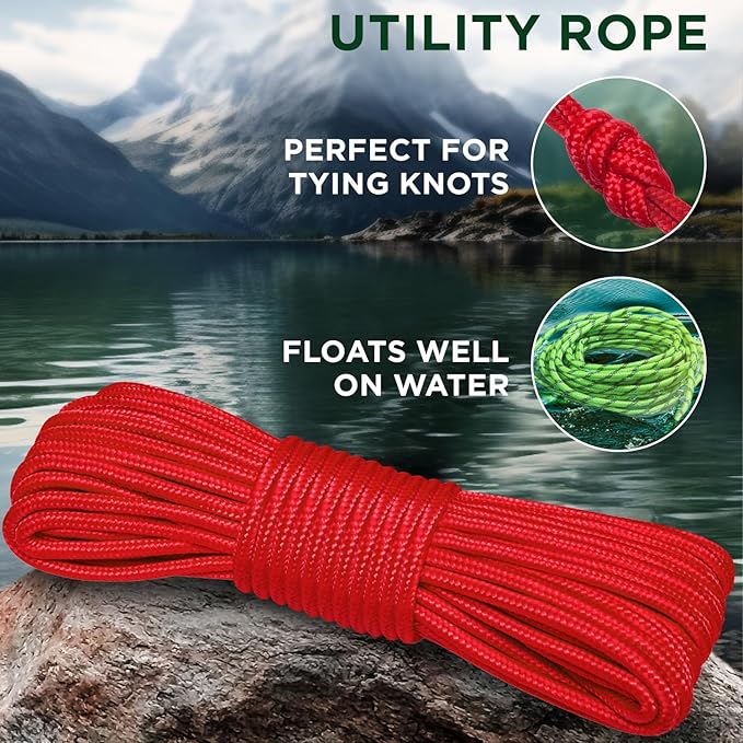 TECEUM Rope – 90 Feet x 1/4 Inch (7mm) – Red – Strong All-Purpose Utility Rope – Camping, Crafting, Flag Pole, Indoor & Outdoor – Polypropylene Nylon Poly Lightweight Diamond Braided Cord