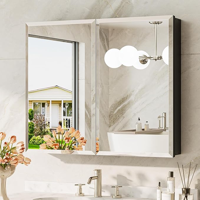 TokeShimi 30 x 26 Medicine Cabinet, Assembly Required, Recessed Medicine Cabinet with Tempered Beveled Mirror, DTC Hinge, Frameless Bathroom Mirror with Storage, Recessed/Surface-Mounted