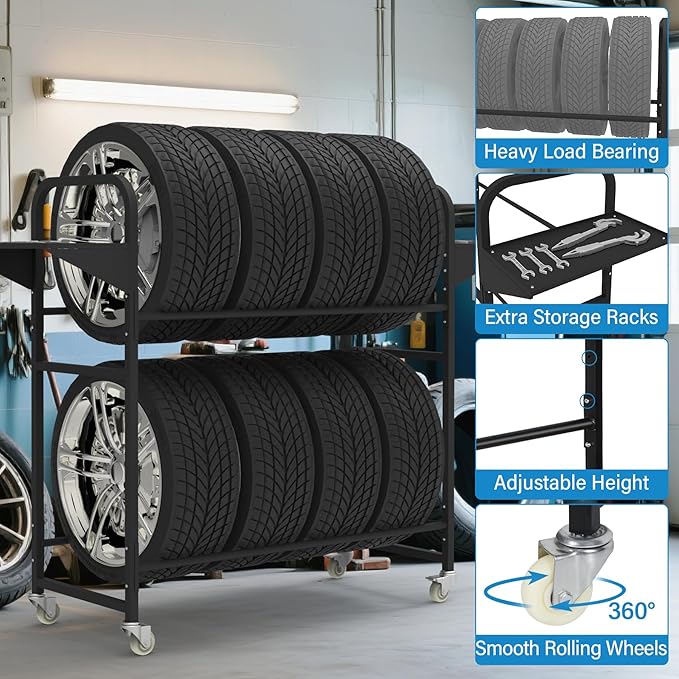 Tire Storage Rack 44" x 44" x 18" w/Anti-dust Cover, Rolling Tire Rack Adjustable, Tire Rack for Garage Black w/4 Swivel Casters & 2 Storage Shelf for Garage Storage