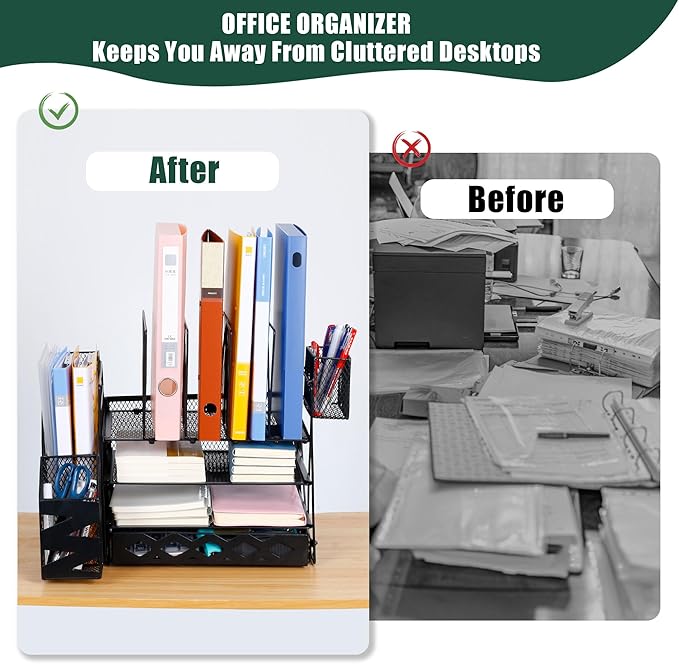 WCHOSOZH Mesh Desk Organizer, 4-Tier Paper File Holder with Letter Tray and 2 Pen Holders, Metal Desk Organizers and Accessories, Large Desktop Organizer for Office Home School Supplies(Black)