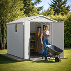 Greesum 6×10FT Plastic Outdoor Storage Shed with Floor, Resin Storaged Sheds with Lockable Double Door, Windows & Vents, All-Weather Tool Sheds for Garden, Patio, Backyard, Light Gray